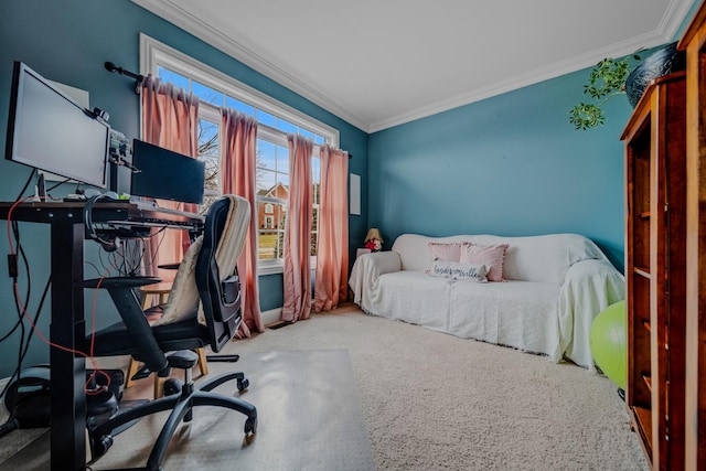 carpeted bedroom with ornamental molding