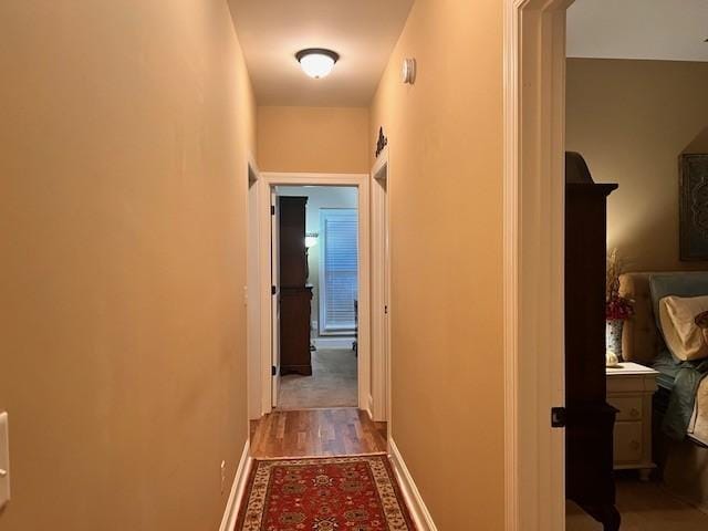 corridor with dark hardwood / wood-style flooring