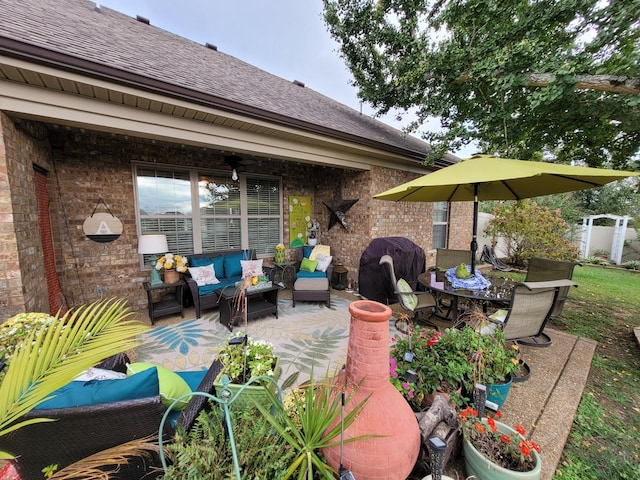 view of patio / terrace with outdoor dining space, outdoor lounge area, and area for grilling