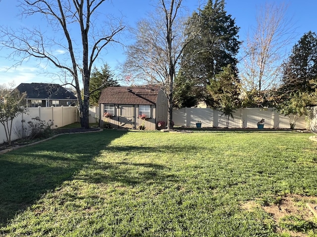 view of yard with an outbuilding and a fenced backyard