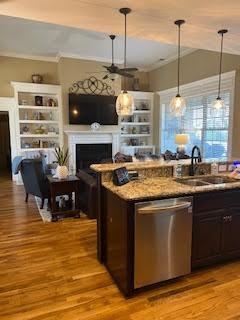 kitchen with a fireplace, light wood-style floors, vaulted ceiling, a sink, and dishwasher