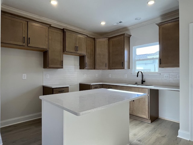 kitchen with tasteful backsplash, hardwood / wood-style floors, sink, and a kitchen island