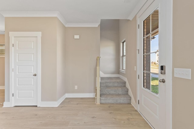 foyer with crown molding and light hardwood / wood-style floors