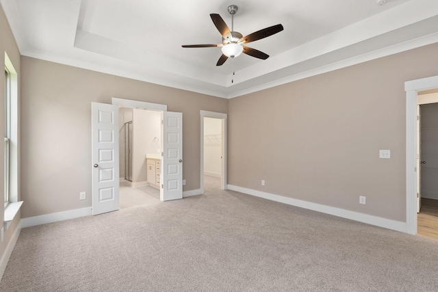 unfurnished bedroom with a closet, a spacious closet, light carpet, and a tray ceiling