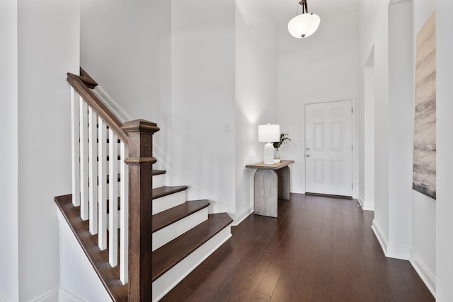 entryway featuring a towering ceiling and dark wood-type flooring