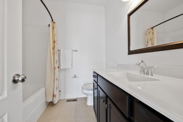 full bathroom with shower / bathtub combination with curtain, tile patterned floors, toilet, and vanity