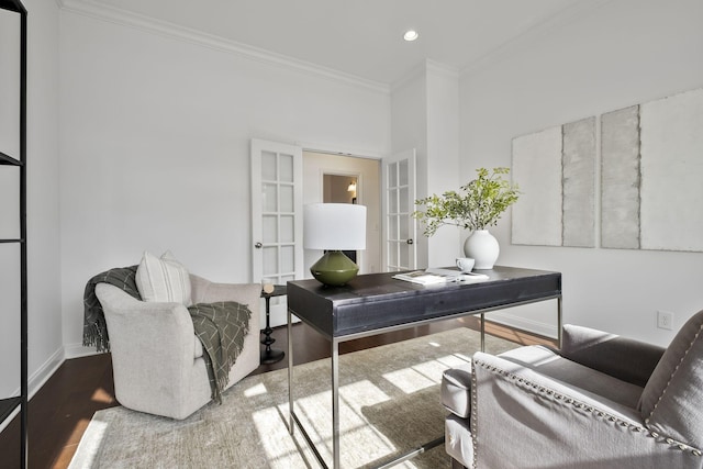 office with crown molding, wood-type flooring, and french doors