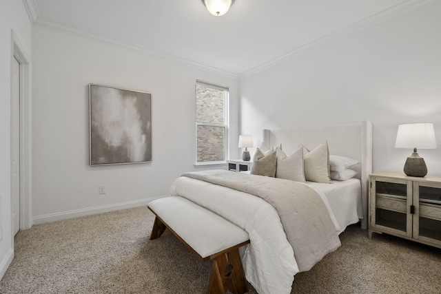 bedroom with crown molding and carpet