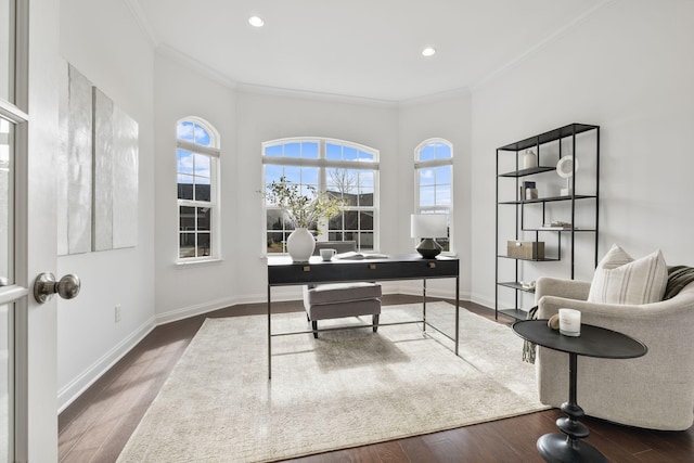 office featuring wood-type flooring and ornamental molding