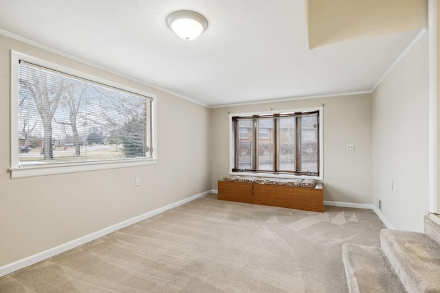 unfurnished room with ornamental molding and light carpet