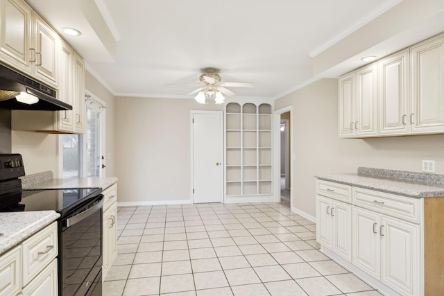 kitchen with light stone counters, black range with electric cooktop, crown molding, and ceiling fan