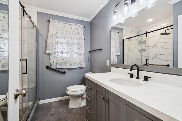 bathroom featuring crown molding, vanity, toilet, and a shower with door