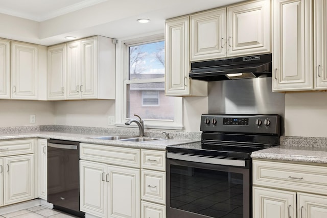 kitchen with stainless steel electric range oven, black dishwasher, sink, ornamental molding, and cream cabinetry