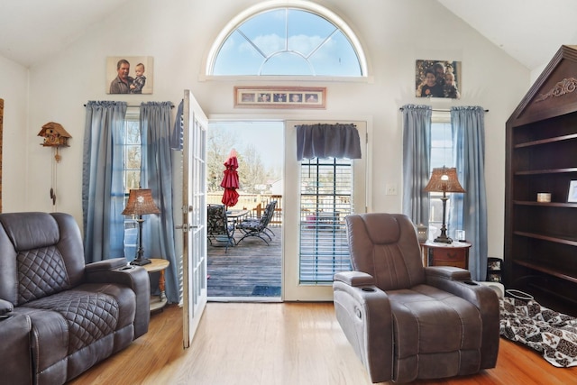 living area featuring high vaulted ceiling and light hardwood / wood-style floors