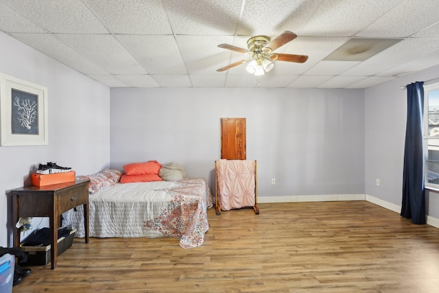 bedroom with a paneled ceiling, hardwood / wood-style floors, and ceiling fan