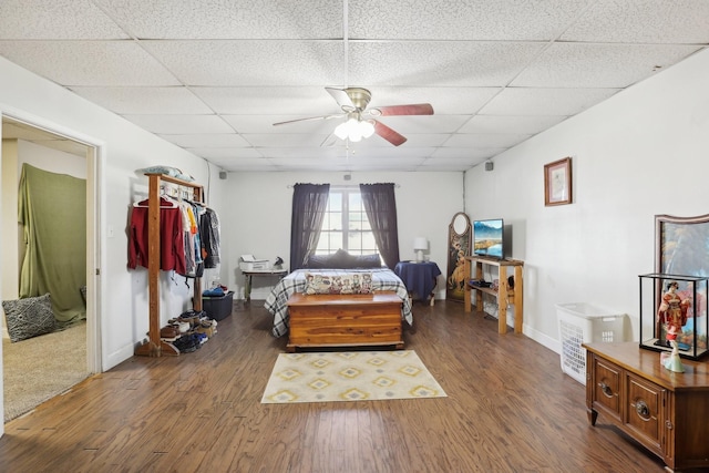 bedroom featuring ceiling fan, dark hardwood / wood-style flooring, and a drop ceiling