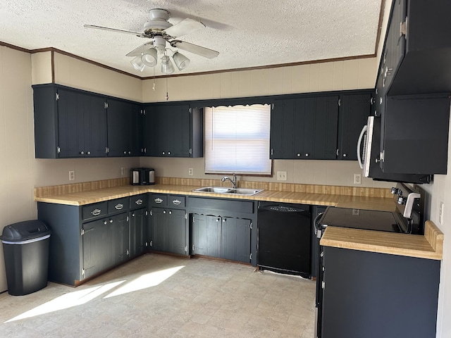 kitchen featuring sink, a textured ceiling, ornamental molding, and black dishwasher