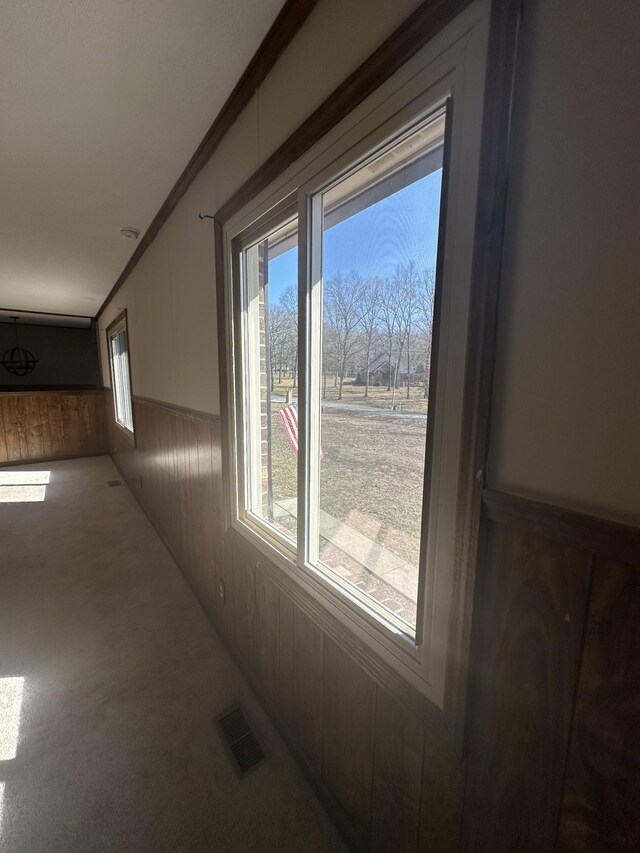 interior space with wooden walls, ornamental molding, and carpet flooring