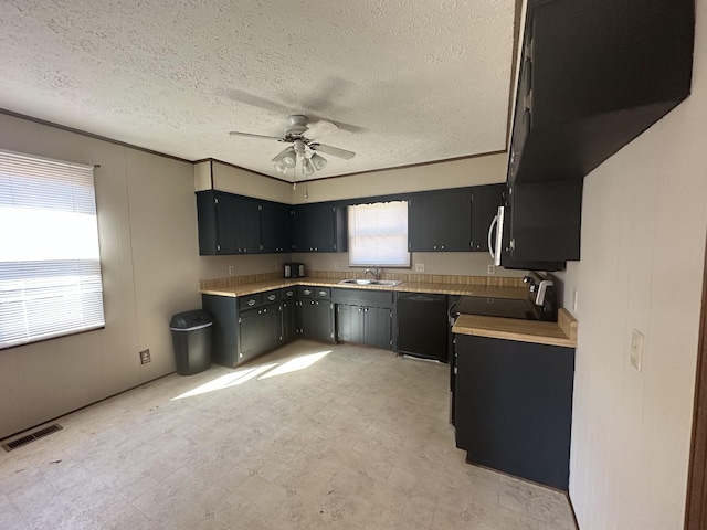 kitchen featuring dishwasher, sink, stove, ceiling fan, and a textured ceiling