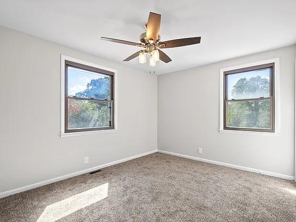 carpeted empty room with a wealth of natural light and ceiling fan