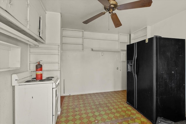 kitchen featuring ceiling fan, electric range, white cabinets, and black fridge