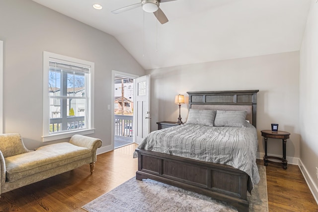 bedroom with ceiling fan, lofted ceiling, dark hardwood / wood-style flooring, and access to outside