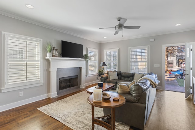 living room featuring crown molding, dark hardwood / wood-style floors, and ceiling fan