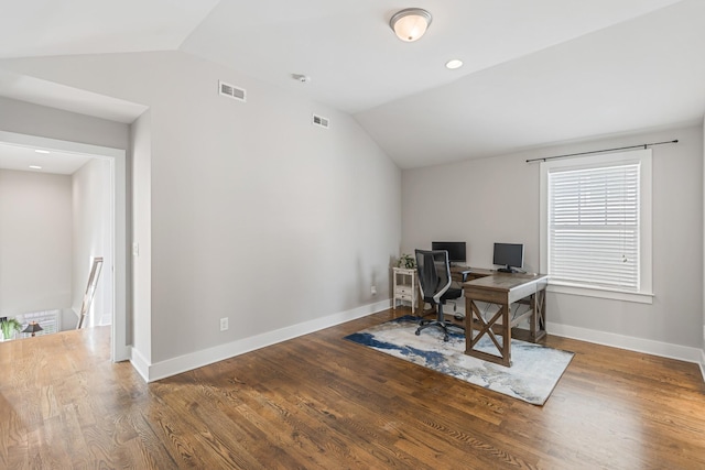 office area featuring dark wood-type flooring and lofted ceiling