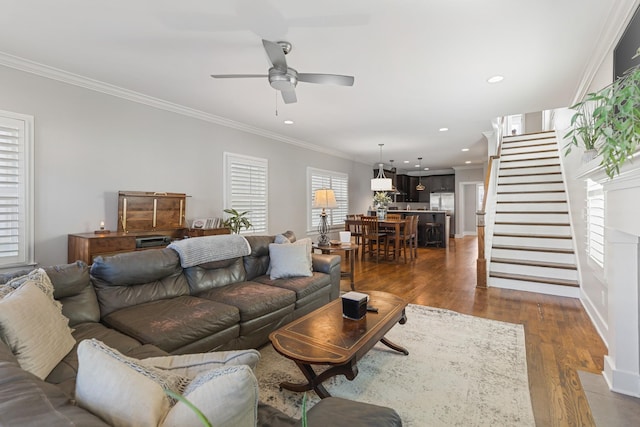 living room with ornamental molding, dark wood-type flooring, and ceiling fan