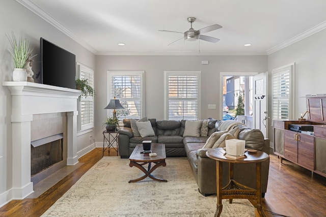 living room with ornamental molding, ceiling fan, a fireplace, and dark hardwood / wood-style flooring