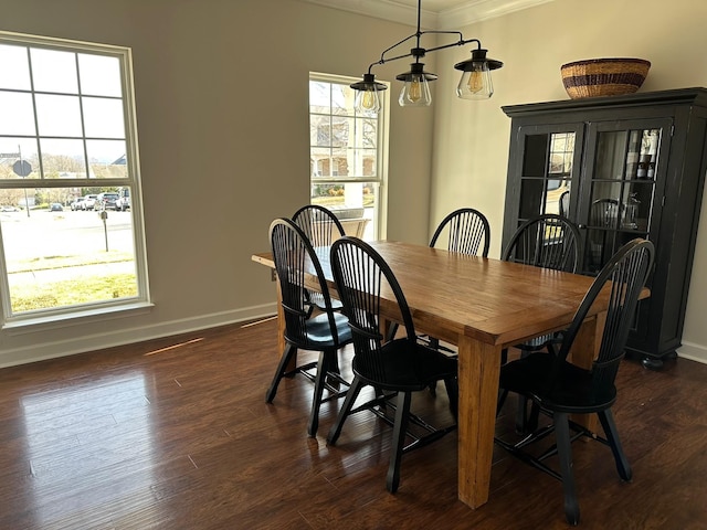 dining area with ornamental molding and dark hardwood / wood-style floors