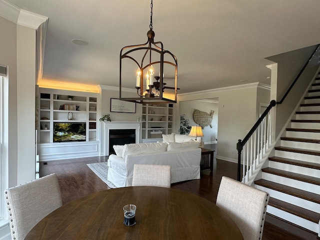 unfurnished dining area featuring crown molding, a notable chandelier, and dark hardwood / wood-style flooring