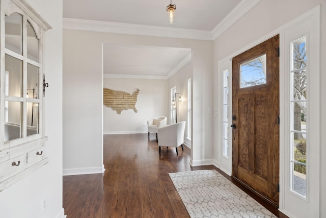 foyer featuring ornamental molding, a wealth of natural light, and dark hardwood / wood-style flooring