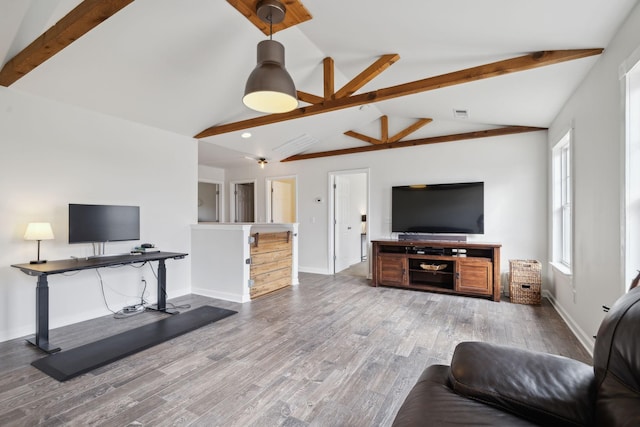 living room with lofted ceiling with beams and wood-type flooring