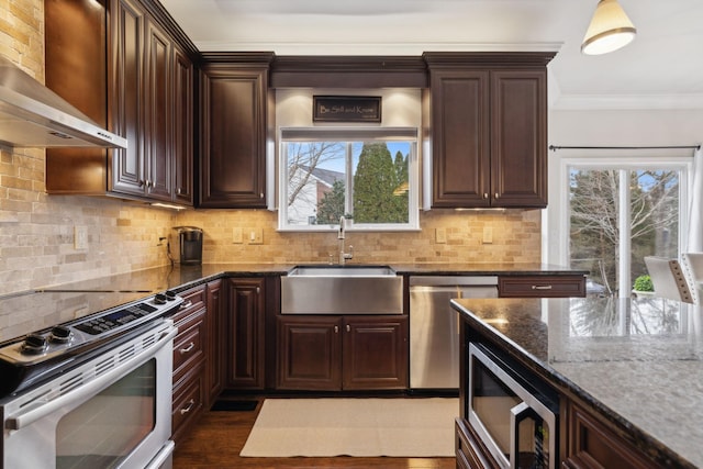 kitchen with sink, dark stone countertops, stainless steel appliances, crown molding, and wall chimney exhaust hood