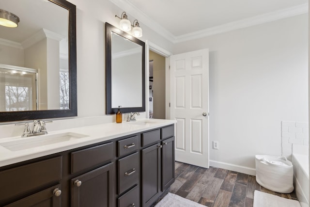 bathroom with crown molding, vanity, and hardwood / wood-style floors