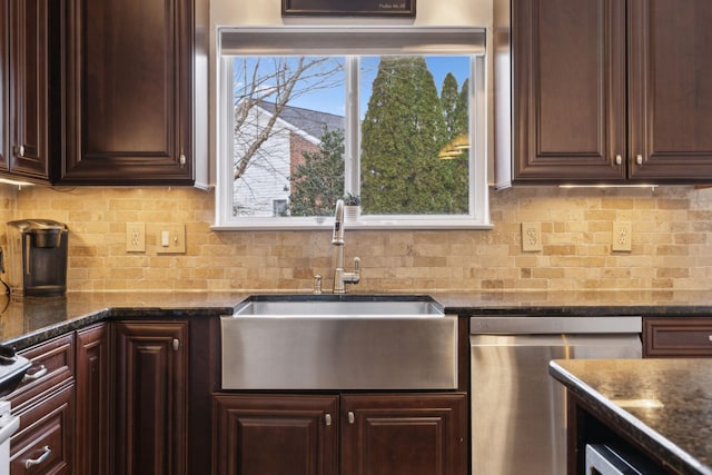 kitchen featuring dark brown cabinetry, sink, stainless steel dishwasher, dark stone counters, and decorative backsplash