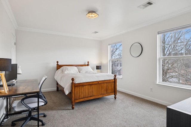 bedroom featuring ornamental molding and carpet flooring