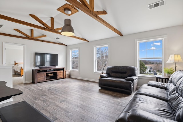 living room with vaulted ceiling with beams, a wealth of natural light, and light hardwood / wood-style floors