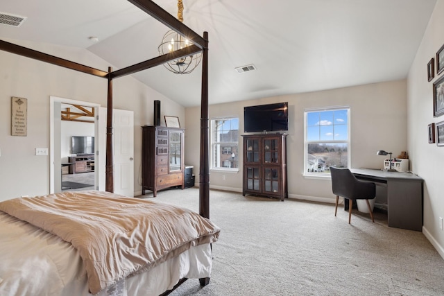 bedroom with light carpet and vaulted ceiling