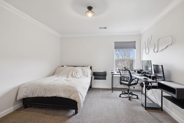 carpeted bedroom featuring ornamental molding