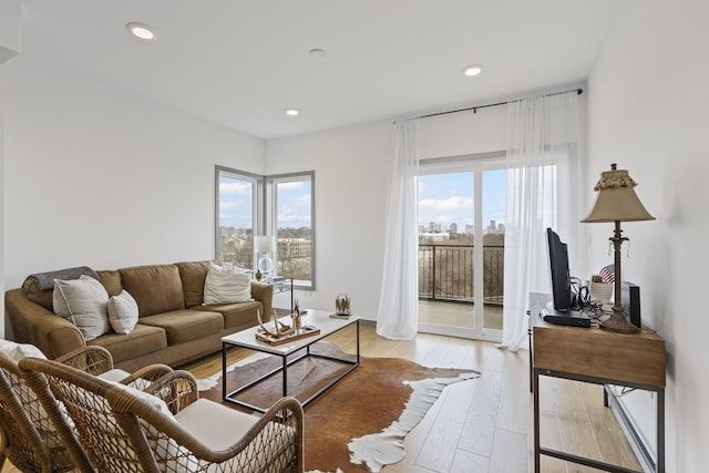 living room with light hardwood / wood-style flooring and a wealth of natural light