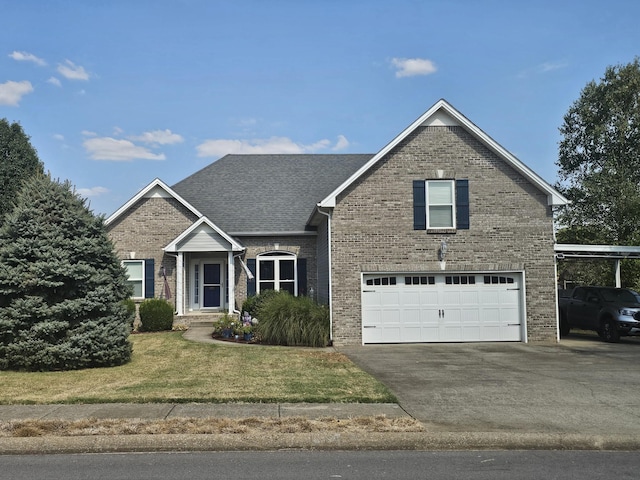 view of front facade with a garage and a front lawn