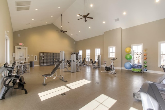 exercise room with high vaulted ceiling and ceiling fan