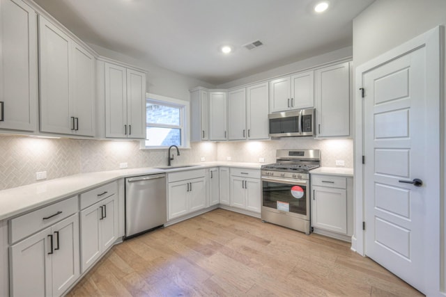 kitchen with sink, light hardwood / wood-style flooring, white cabinets, and appliances with stainless steel finishes