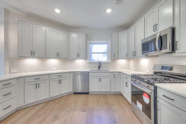 kitchen featuring tasteful backsplash, sink, white cabinets, light hardwood / wood-style floors, and stainless steel appliances