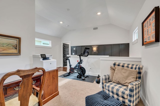 workout area featuring light colored carpet and lofted ceiling