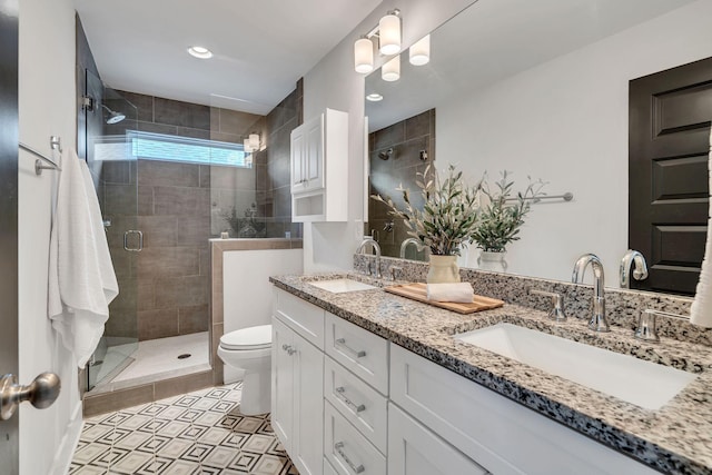 bathroom with vanity, a shower with door, and toilet