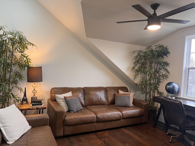 office area featuring vaulted ceiling, ceiling fan, and dark hardwood / wood-style flooring