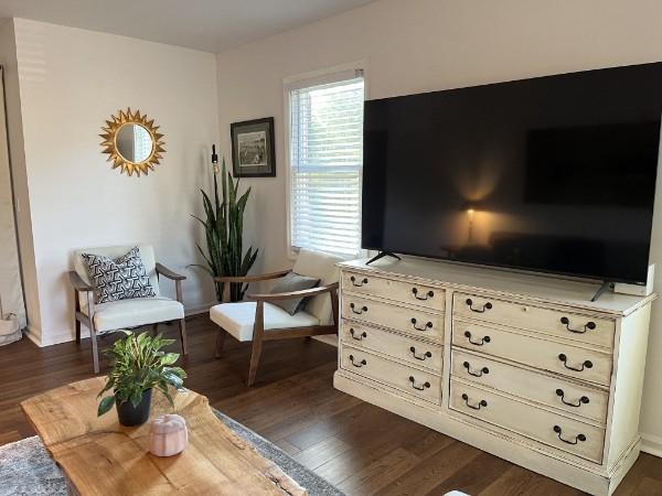 sitting room with dark wood-type flooring